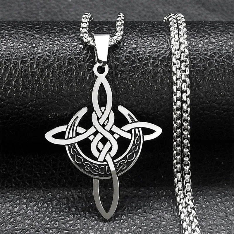 Crescent Celtic Irish Knot Necklaces Stainless Steel Witch Moon Amulet Protection with Chain Necklace