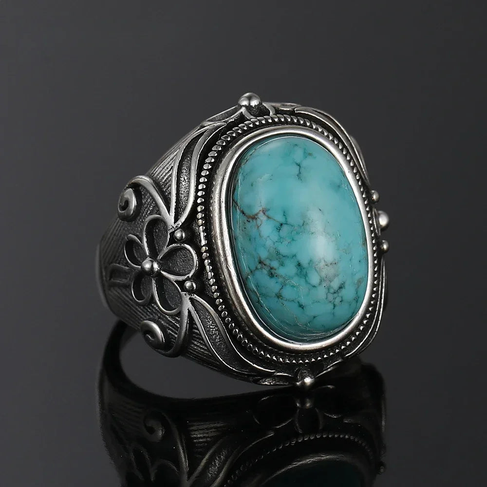 S925 Sterling Silver Vintage Ring With Natural Turquoise Stone Rings Oval and Round Shape Flower Carved Rings For Women Men