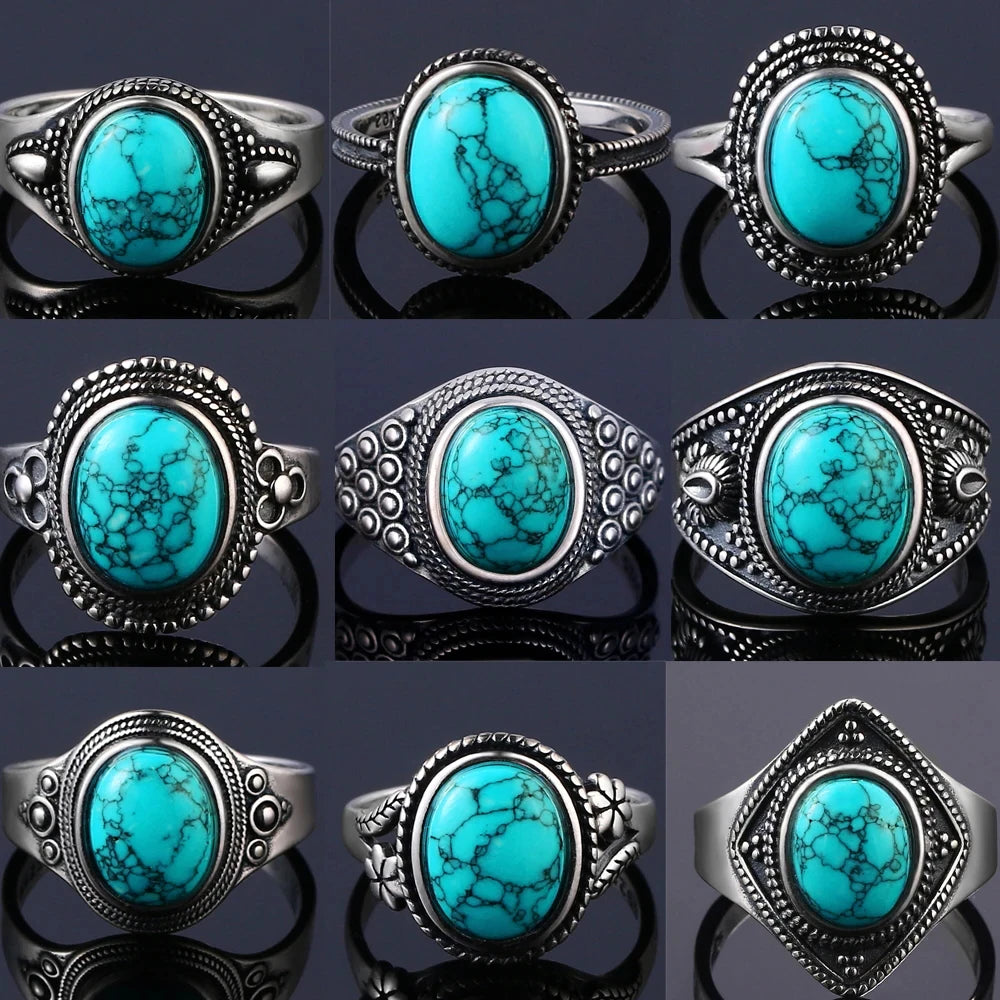 S925 Sterling Silver Vintage Ring With Natural Turquoise Stone Rings Oval and Round Shape Flower Carved Rings For Women Men