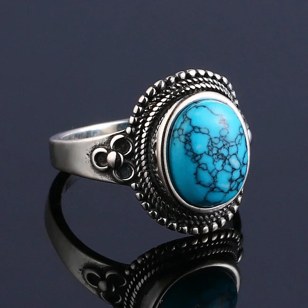 S925 Sterling Silver Vintage Ring With Natural Turquoise Stone Rings Oval and Round Shape Flower Carved Rings For Women Men