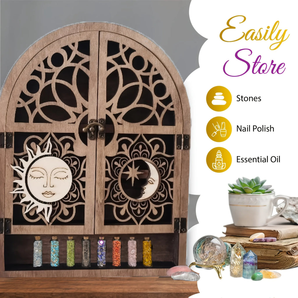 Vintage Wooden Floating Shelves With Sun And Moon Design, Wall Hanging Storage For Crystals