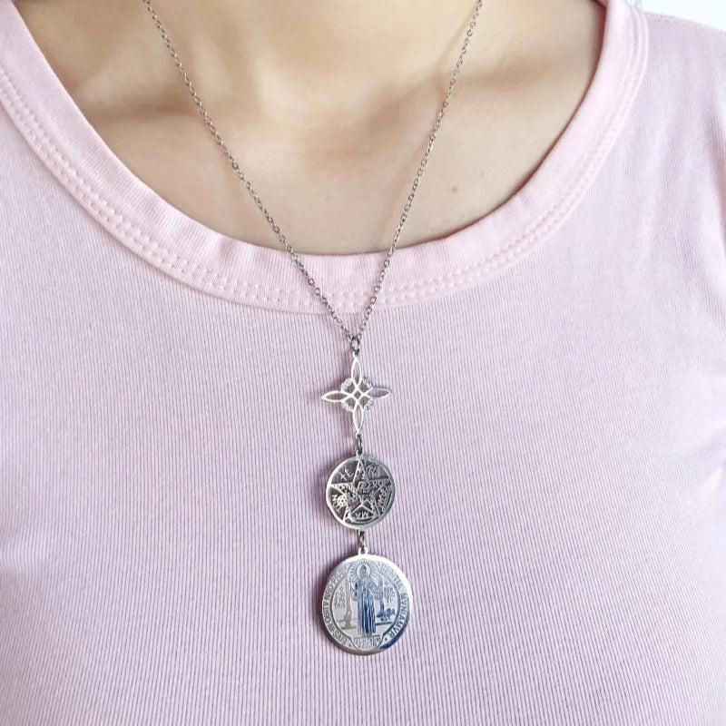 Triple Amulets Protection Necklaces for Women Witch Knot Pentagram Tetragrammaton St. Benedict Stainless Steel Jewerly Gift