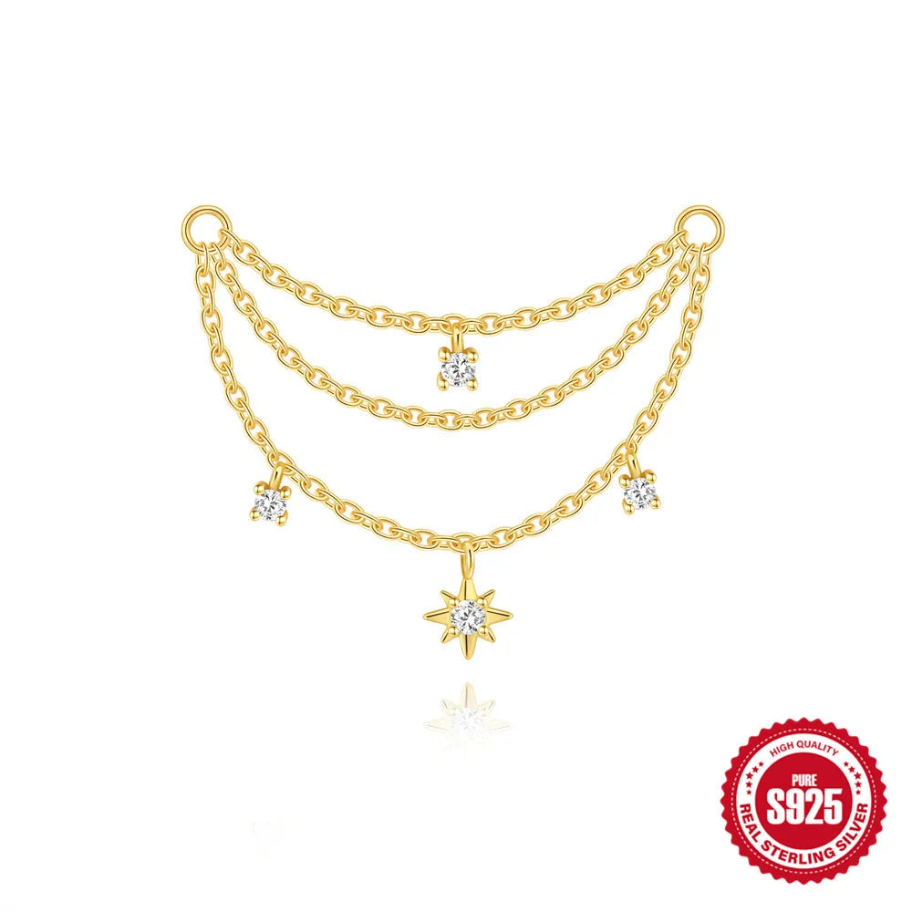 1PC 925 Sterling Silver Eight-pointed Star CZ Piercing Earring For Women Ins Tassel Chain Stud Earring Party Fine Jewelry