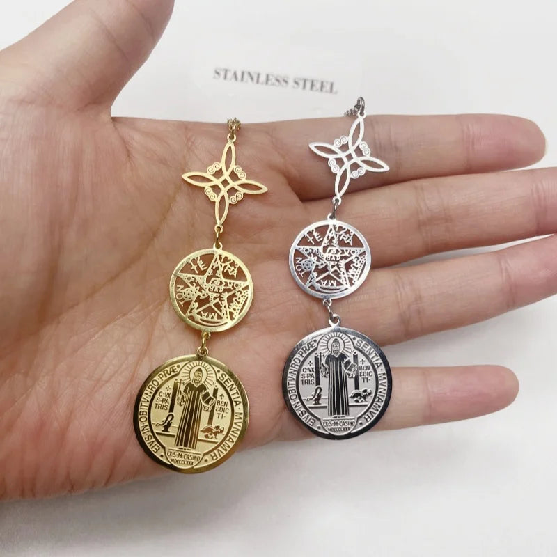 Triple Amulets Protection Necklaces for Women Witch Knot Pentagram Tetragrammaton St. Benedict Stainless Steel Jewerly Gift