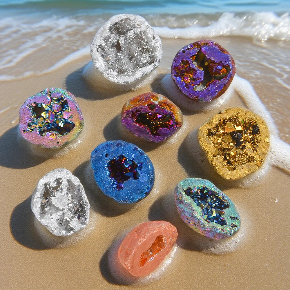 8PCS/Box Titanium Coated Natural Crystal Cluster Electroplated Agate Geode, Energy Balance Reiki Wicca Home Decor