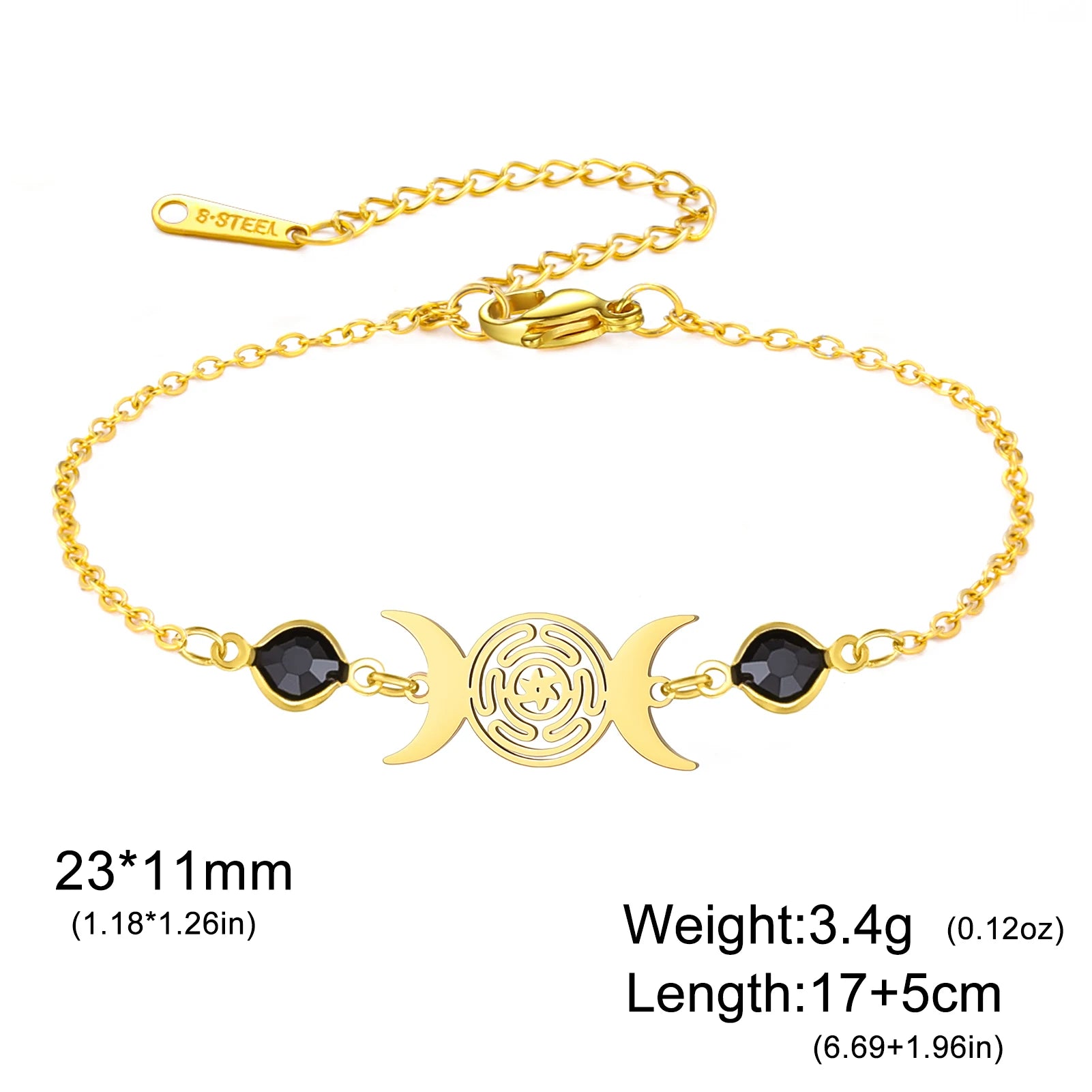 Triple Moon Goddess Bracelet for Women Hecate Wheel Adjustable Black Rope Bracelet Wiccan Pagan Jewelry Gift