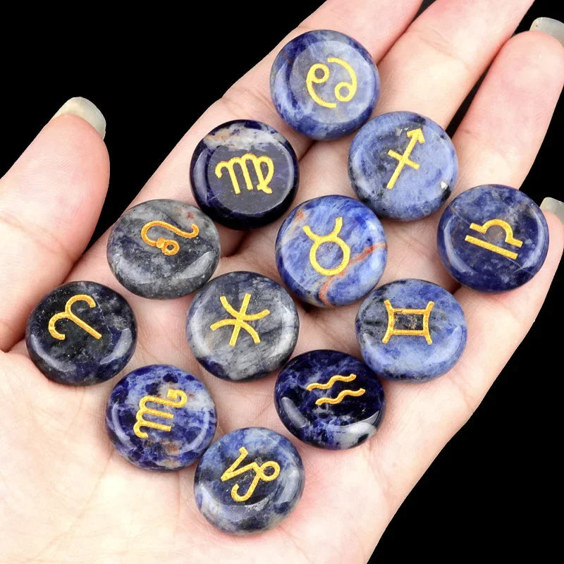 12 Constellations Themed Rune Spiritual Stones Zodiac Sign Reiki Healing Crystals Pocket Stones Natural Obsidian