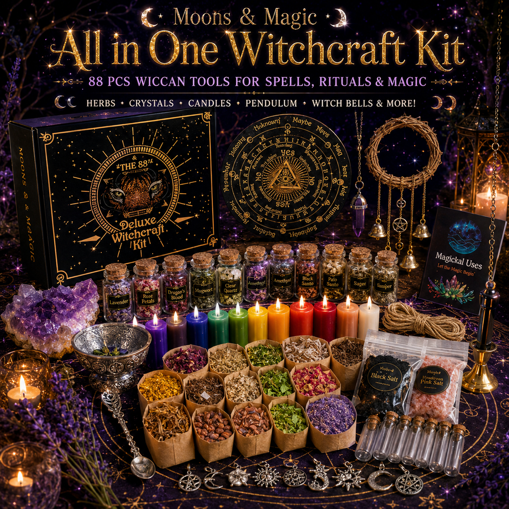 All in One Witchcraft Spell Kit 88 PCS - Include Herbs Crystals Candle Amethyst Pendulum Witch Bells Witch Rituals