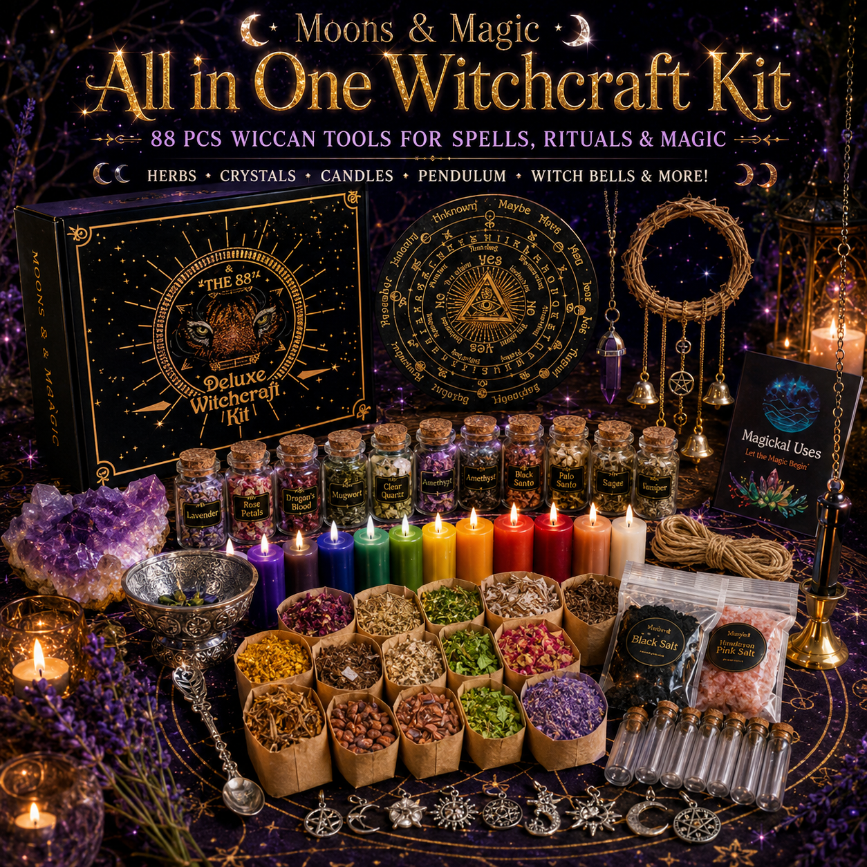 All in One Witchcraft Spell Kit 88 PCS - Include Herbs Crystals Candle Amethyst Pendulum Witch Bells Witch Rituals