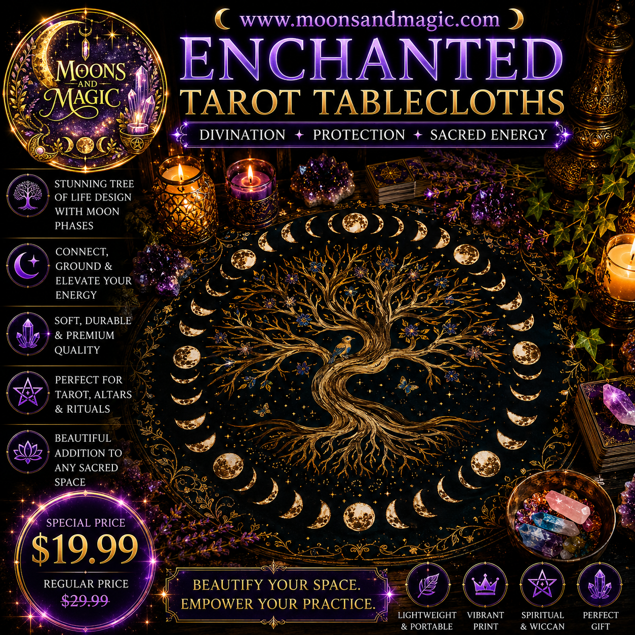 Enchanted Tarot Tablecloths 🌙✨  Tree Of Life Tarot Card Tablecloth Moon For Tarot Witch Wicca Altar Cloth Divination