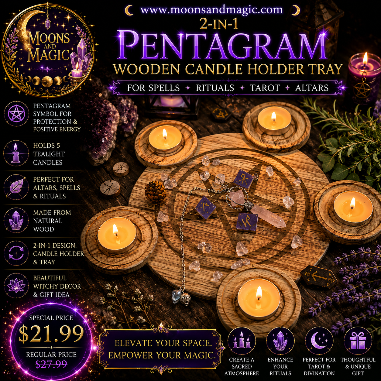 🔮🕯️ 2-in-1 Pentagram Wooden Candle Holder Tray from Moons &amp; Magic - Witchcraft Wicca Spell Ritual Tarot Supplies