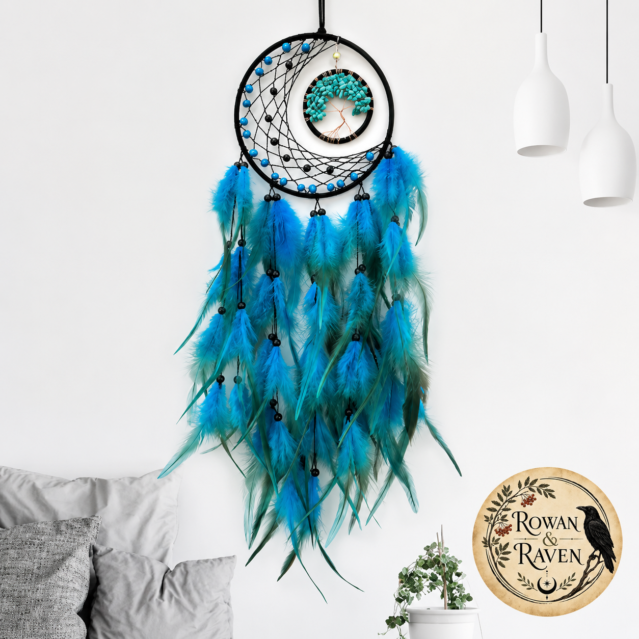 Nordic Tree Of Life Crystal Wall Hanging Dream Catcher Hand-woven with Feathers