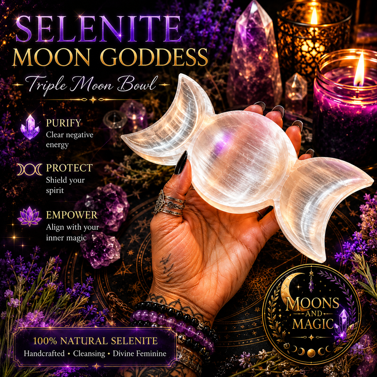 1pc Selenite Moon Goddess Selenite Bowl,Triple Moon Bowl,Crystal Gifts,Home Decor,Crystal Bowl For Witchcraft Divination