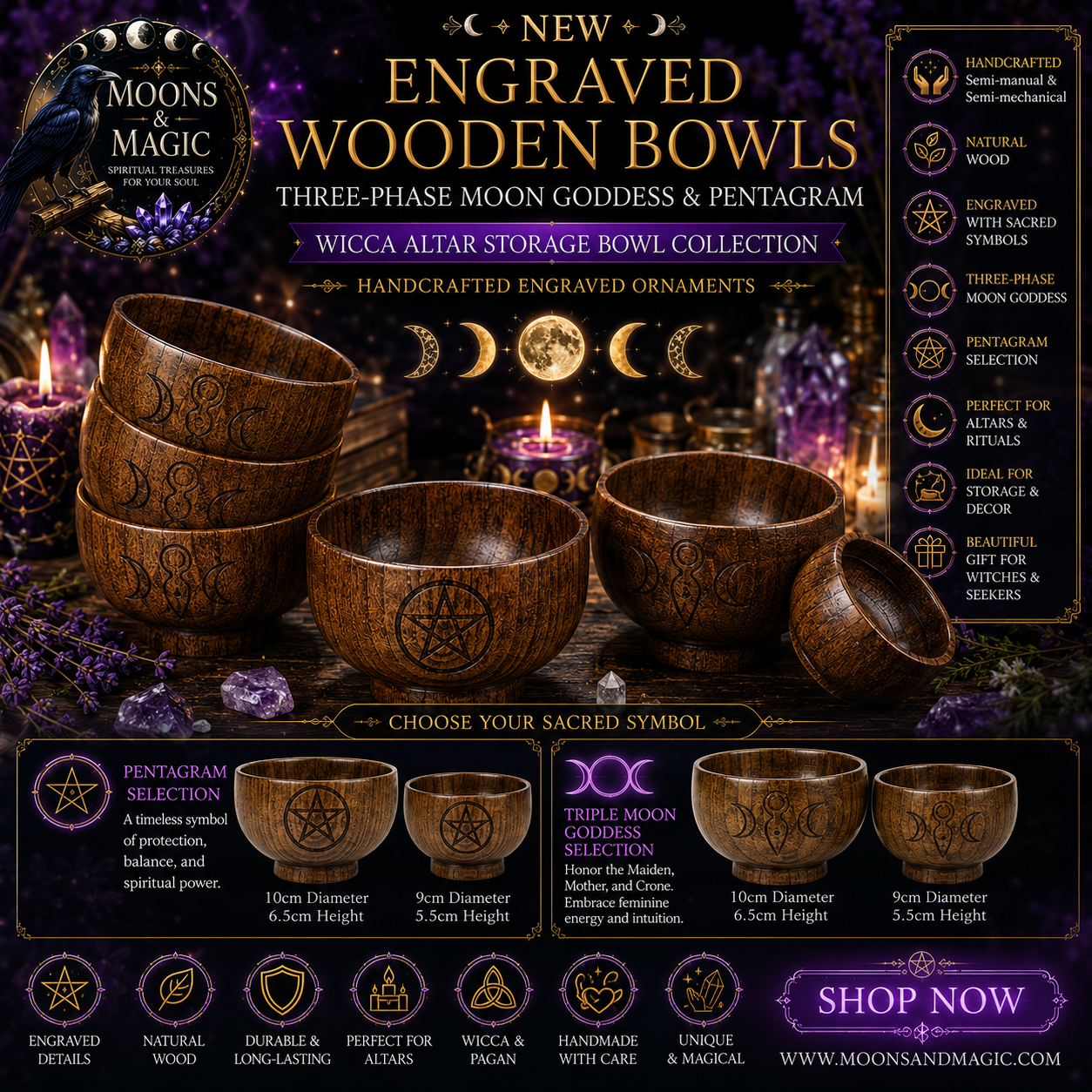 New Pentagram Wooden Bowl Three-Phase Moon Goddess Storage Bowl Wika WICCA Altar Ornament